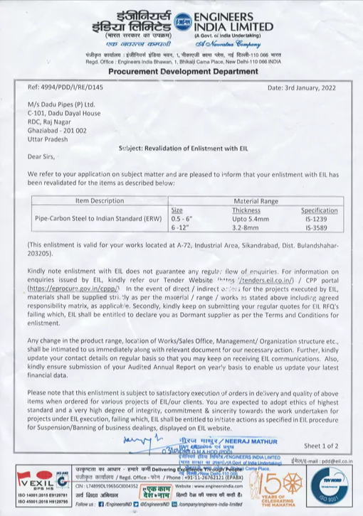 DaduPipes-EIL-Certificate