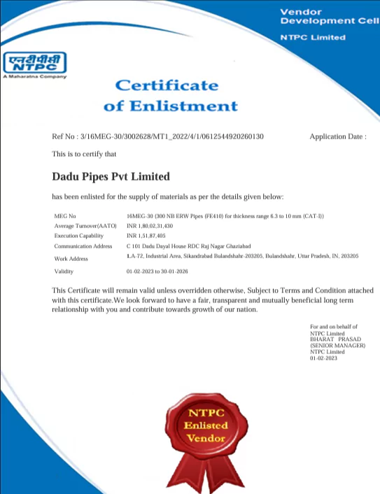 DaduPipes-NTPC-300-Certificate